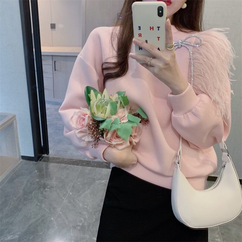 セーター リボンショートルーズスタイルジャケット スプリングラウンドネックトップス ピンク 大人ガーリー スウィート キュート カジュアル 春物 Oネック ブラックストロベリース1036251466