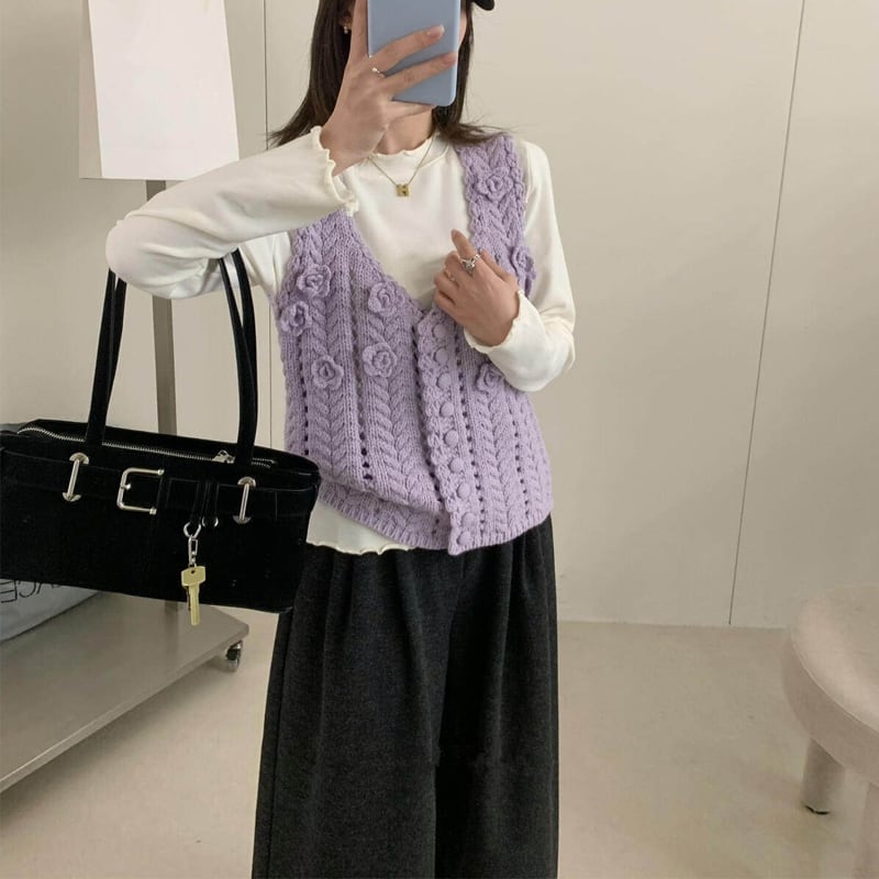 【tops】立体フラワーニットベスト Q8080