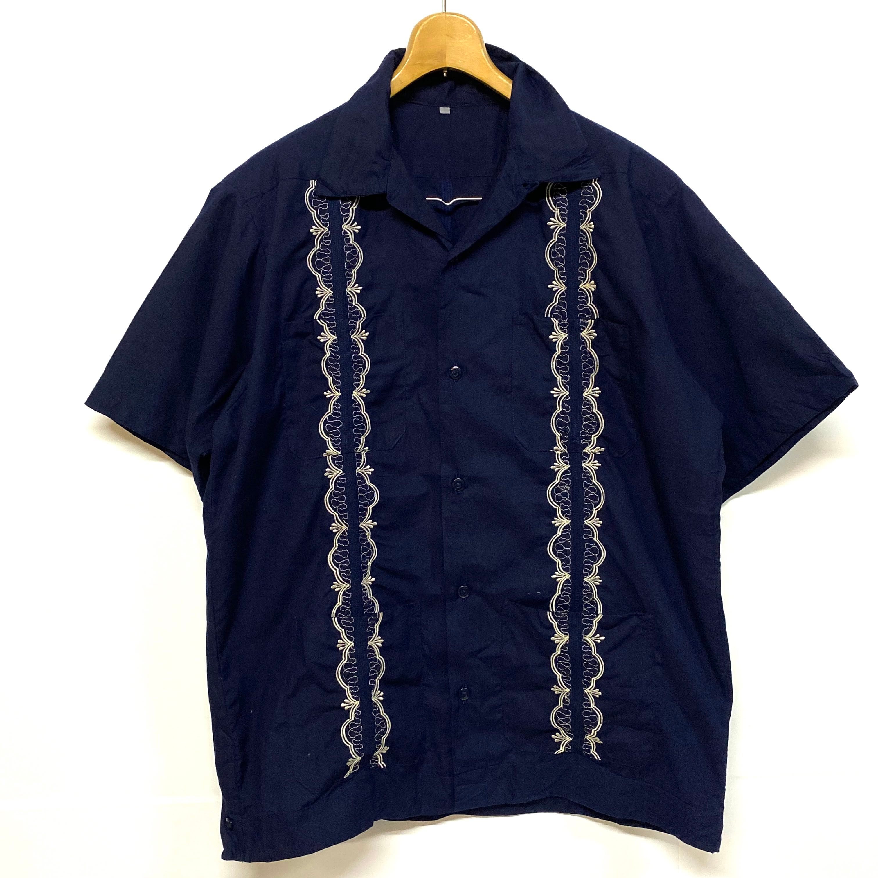 ヴィンテージ キューバシャツ ネイビー 刺繍 メンズM~L相当【半袖