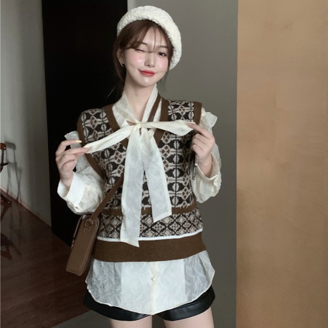 スプリングパターンVネックニットプリーツシャツ 春物 YY-ファッション57735546213