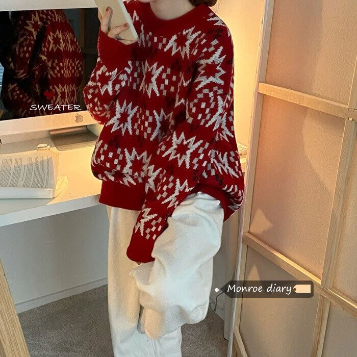 レッドセーター ルーズニットスプリングトップス 春物 モンロー29372509333