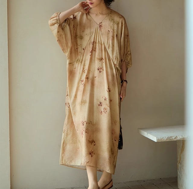 bamboo  print dress【2024051001】
