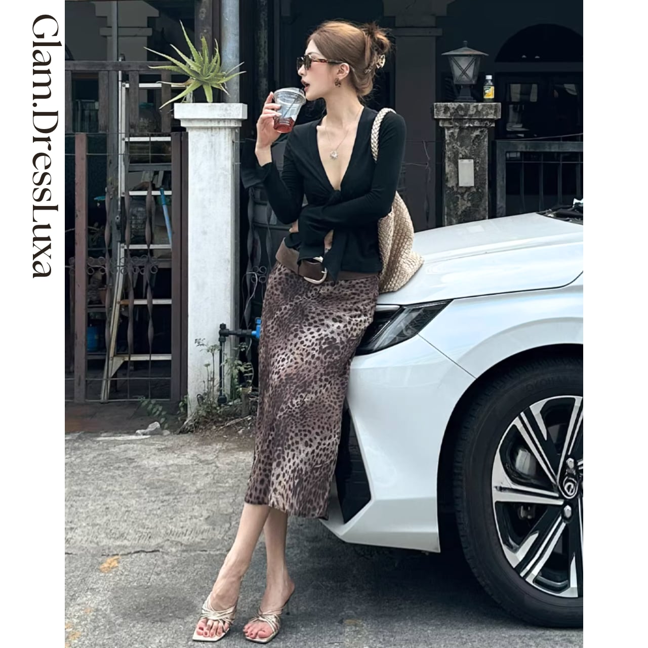 Leopard Satin ミディSkirt_S25