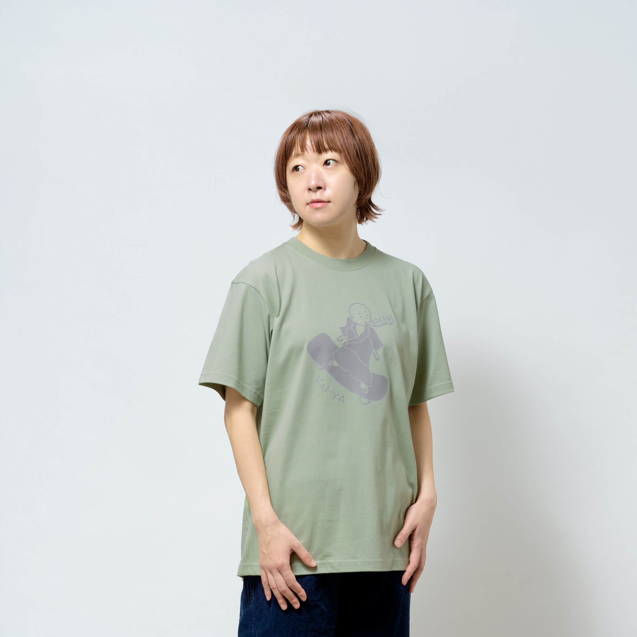 空也上人とスケボー 六波羅蜜寺 Tシャツ (プリント) 6.2oz セージ