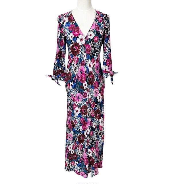 古着 ザラ ZARA Vネック ロングワンピース クリーニング済み ピンク 花柄 七分袖 レディース Mサイズ