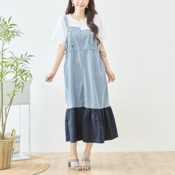 ドッキングワンピース 異素材 裾切替 デニムジャンスカ風 N82-721 TRUBE ホワイト M L fmsd 半袖 上品 ゆったり 体型カバー きれいめ ミセス 春夏 エレガント