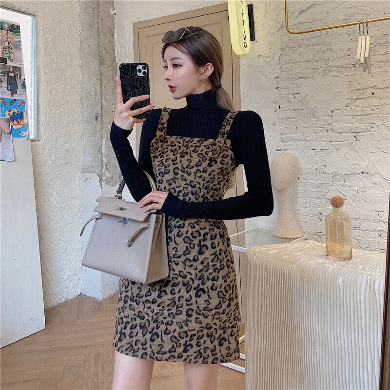 レオパードプリント柄ドレス スリムウェストショートスカート オータムウィンタースタンダード レトロ 秋物 冬物 ブラックストロベリース41110914317