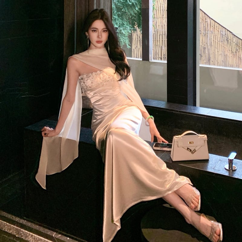 ロングドレス キャバドレス セクシー ベアトップ 着痩せ ショール付き スパンコール パーティー 誕生日 JC2-XHY919335