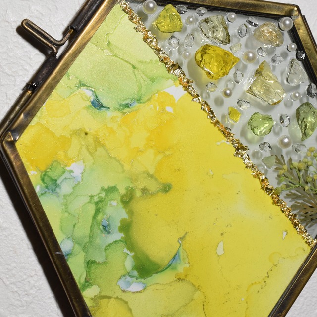 〚 Mimosa ✧ ミモザ 〛アルコールインクアート　壁掛けインテリア　ヘキサゴンフレームシリーズ