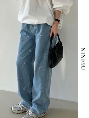 ribbon wide-leg straight denim-pants【NINE7874】