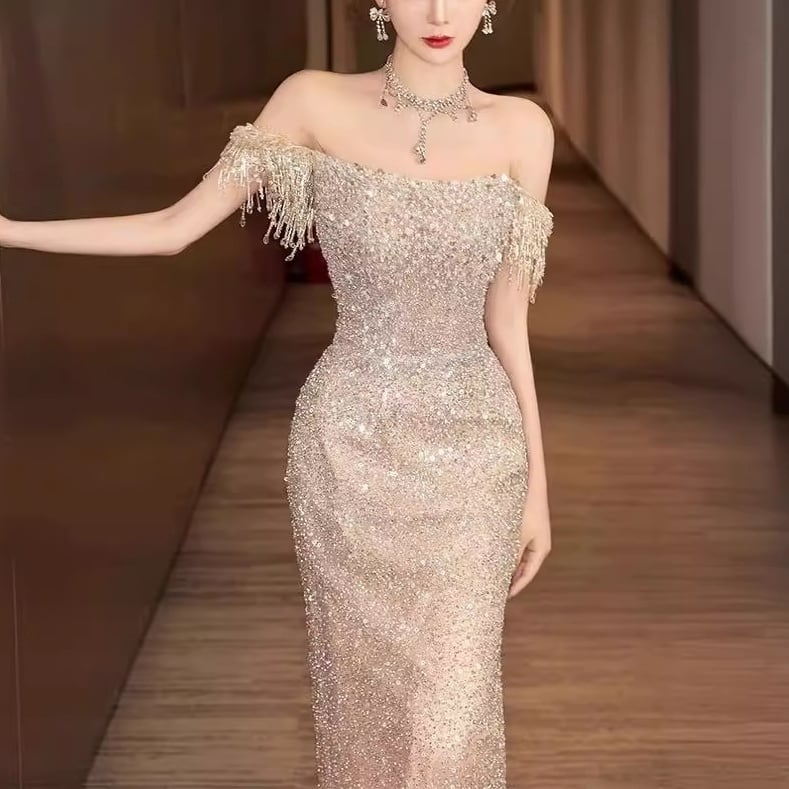 華やか パーティ イブニングドレス オフショル スパンコール ♪(M9351)ε