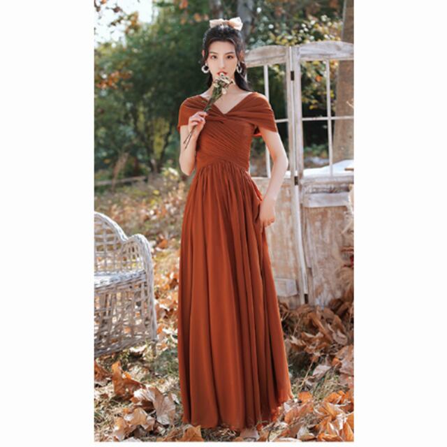 人気上昇 茶色テラコッタ パーティードレス ロング お呼ばれ/二次会  