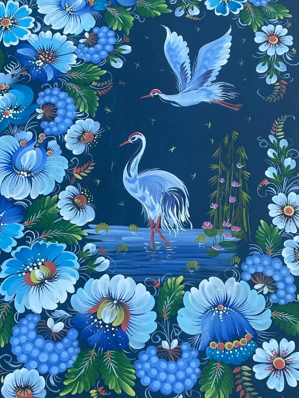 夢見る鶴たち】ペトリキウカ塗り 壁掛け手描き絵画（ヴァレンティナ