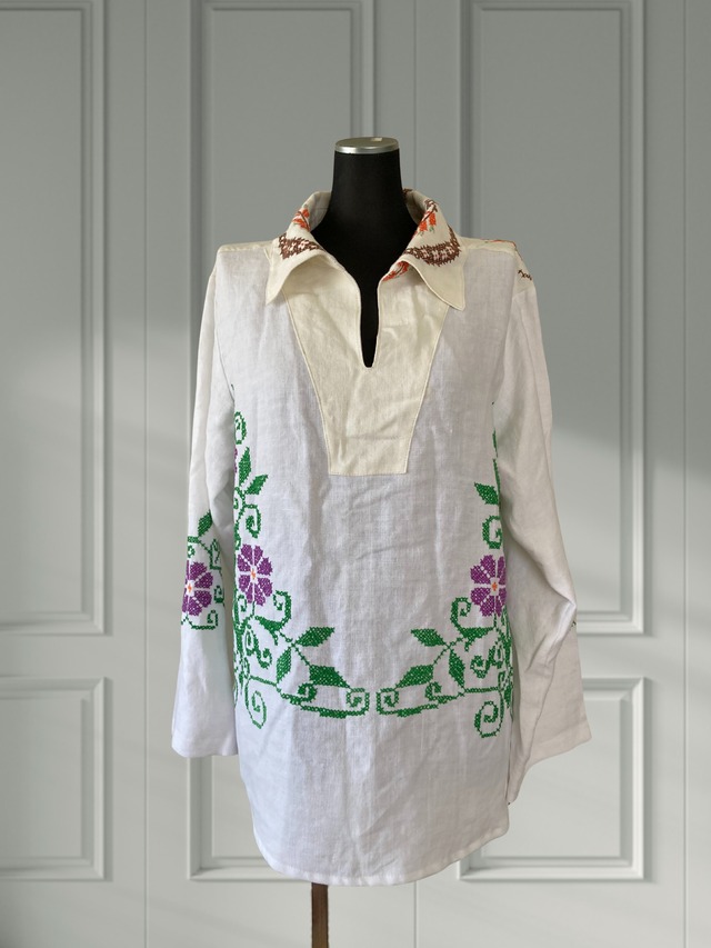 ヴィンテージ リネン 刺繍 カフタン 長袖 シャツ