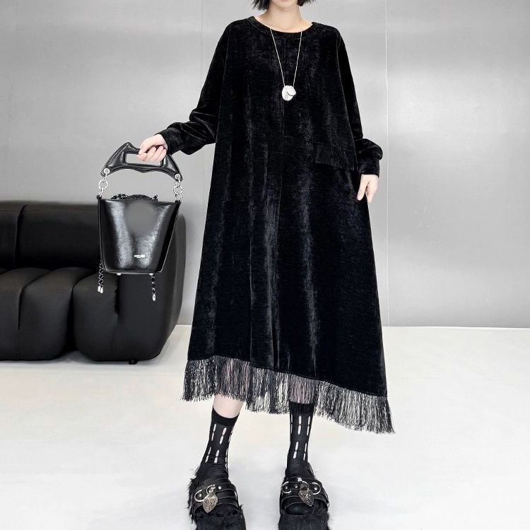 BLACK ROUND NECK FRINGE HEM A-LINE MIDI DRESS 1color M-11068