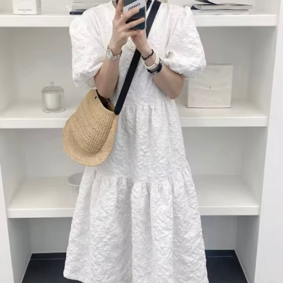 ジャガードパフスリーブワンピース
