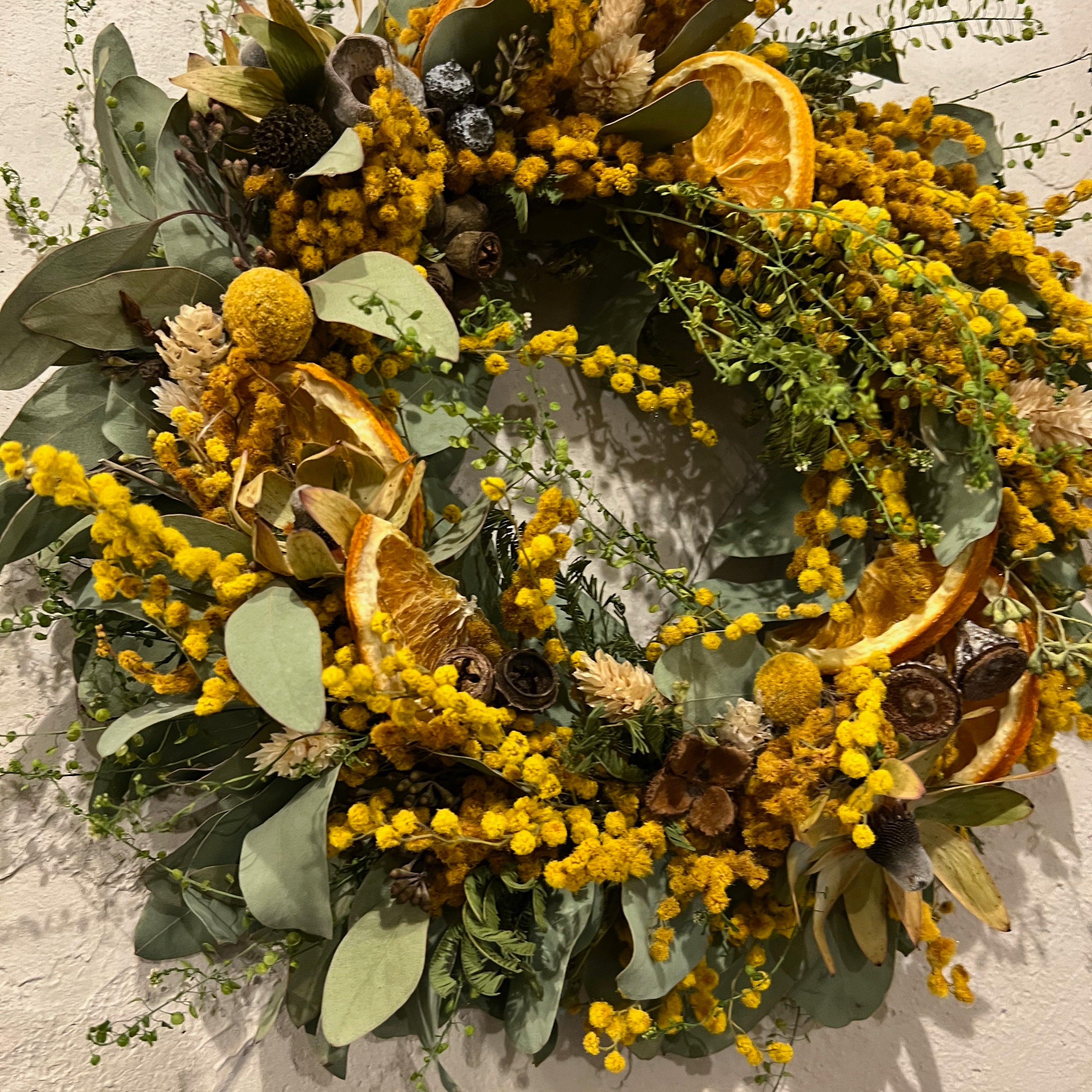 Dried flower mimosa wreath ドライフラワーリース ミモザ×ユーカリ×オレンジスライスの黄色いリース  壁飾りドアリース/2022002 | number12 powered by BASE
