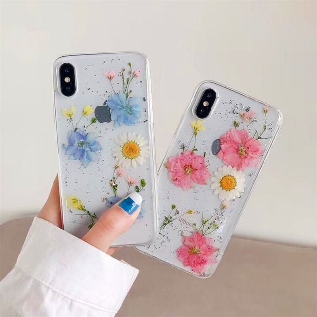 iphone X 11 12 シリーズ ドライフラワーがかわいいクリアシリコンケース♡ブルー ピンク