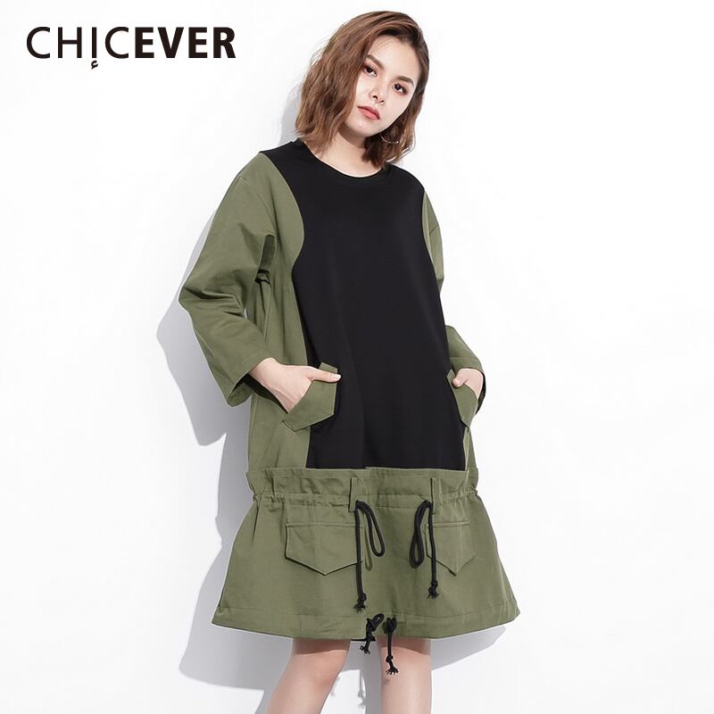 CHICEVERヴィンテージパッチワークヒットカラードレス女性Oネック長袖オーバーサイズレースアップルーズニーレングスドレス2020 ロング ビンテージ 6base551794147426
