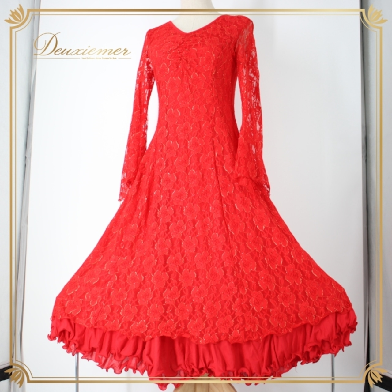 社交ダンス 衣装 スタンダード ドレス ワンピース パーティドレス ICHIOKU イチオク 赤 レッド系 レース 花柄 バラ 薔薇 派手 長袖 洸摸 レディース ダンスウェア フォーマル 発表会 おしゃれ 優雅 かわいい 透け感 サイズ展開 フィット感 軽量 パーティー コンサート 使用感