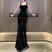 ロングドレス ワンピース レディース 黒 スカート タイト マーメイド ノースリーブ ベルベット ベロア デザイン スクエアネック 大人 ybh2279