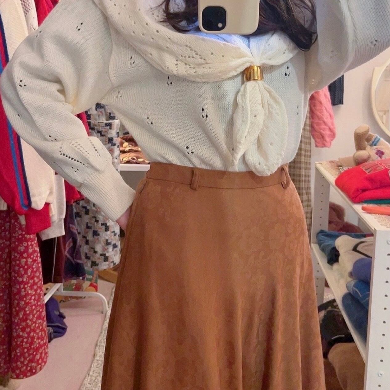 camel brown flower flare skirt