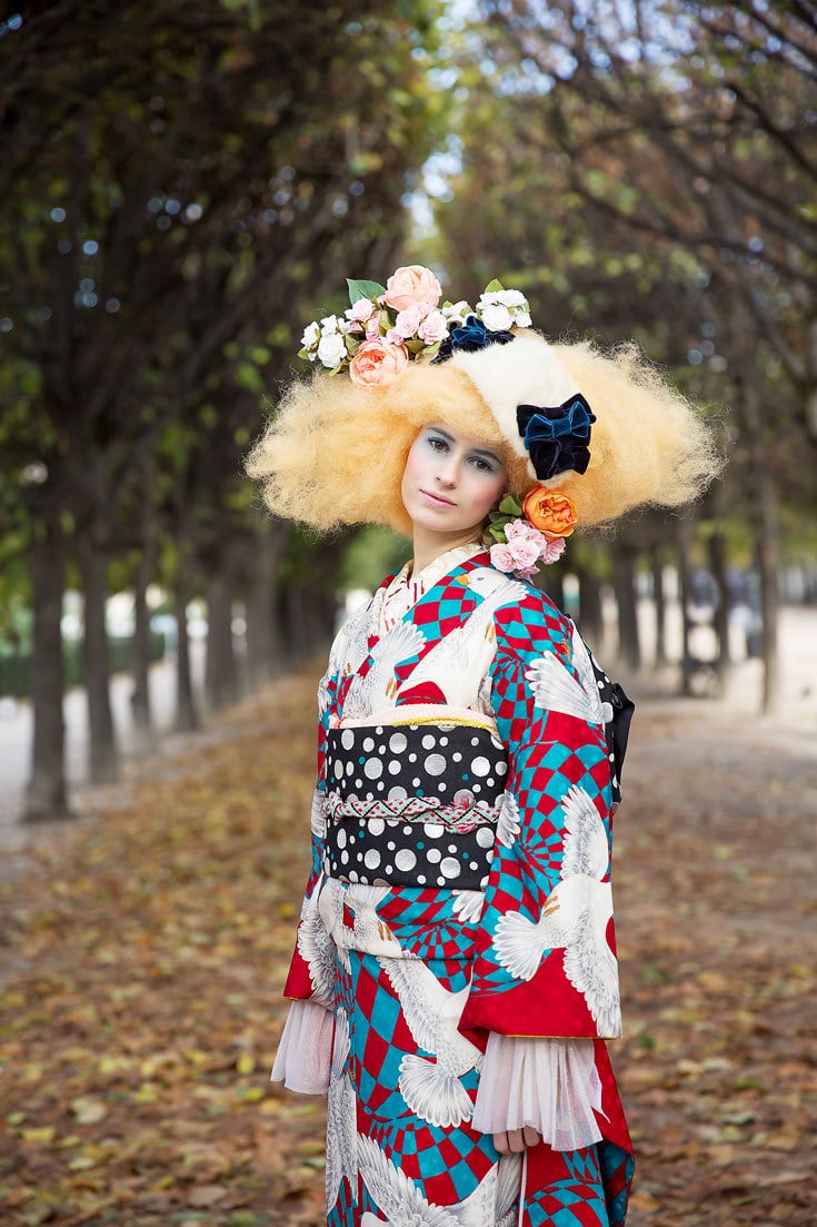 鳩柄ポリエステル振袖 赤×青緑 | 重宗玉緒 WEB SHOP