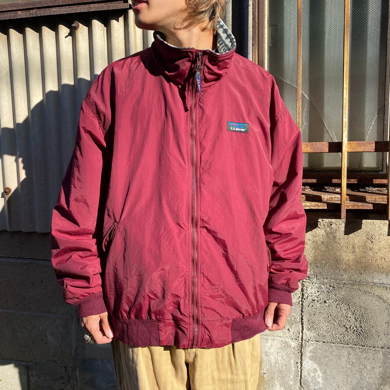 ビッグサイズ 80年代 USA製 山ロゴ カタディンロゴ L.L.Bean エルエルビーン Warm-up Jacket フリースライナー  ナイロンジャケット メンズ2XL相当 古着 80s ヴィンテージ ビンテージ ワインレッド ボルドー ノルディック柄 ウォームアップジャケット ...