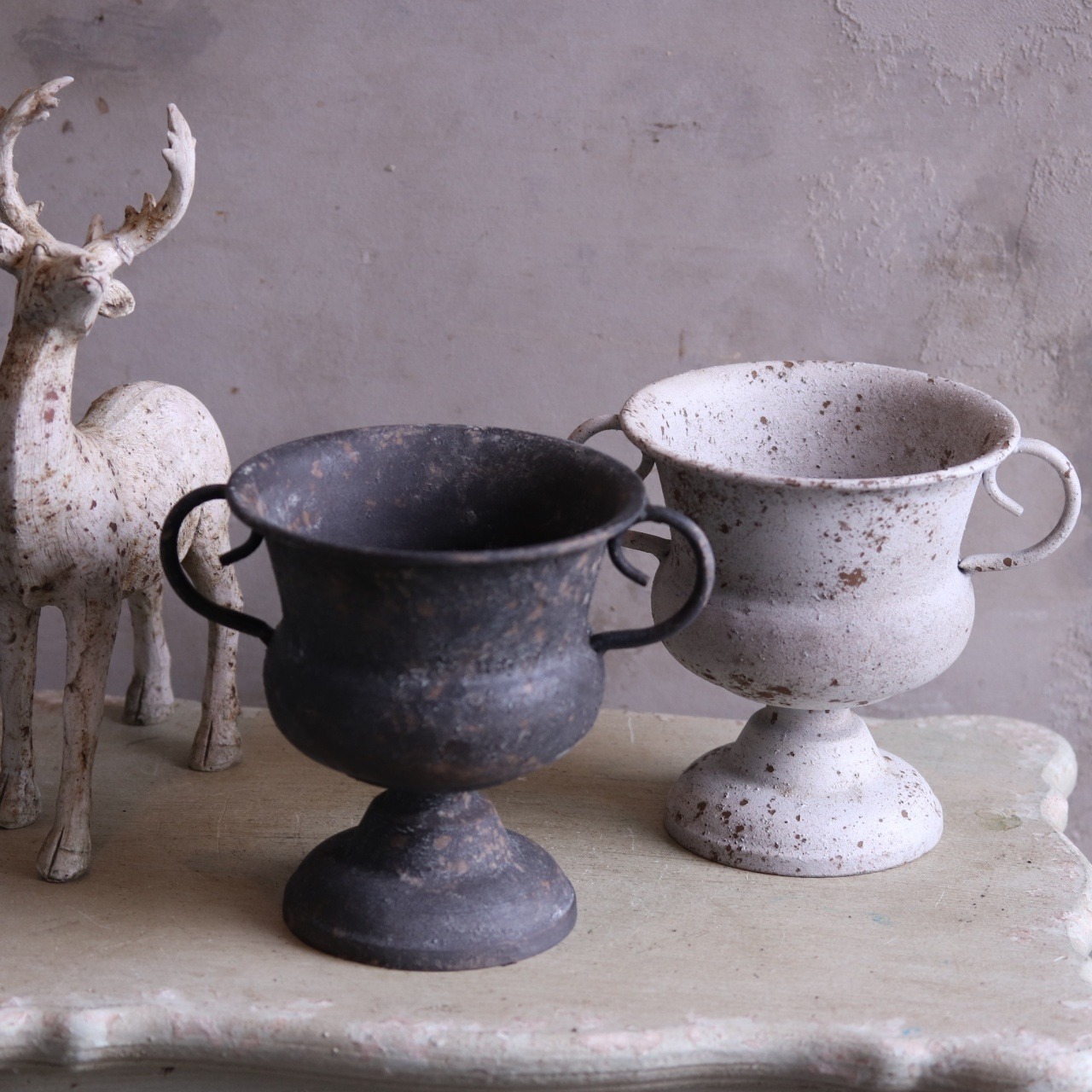 mondimanche ブリキ植木鉢　シャビーハンドルカップSDGY　UF657|　１ポット植え込みのシャビーシックな鉢　お玄関がオシャレに変わります