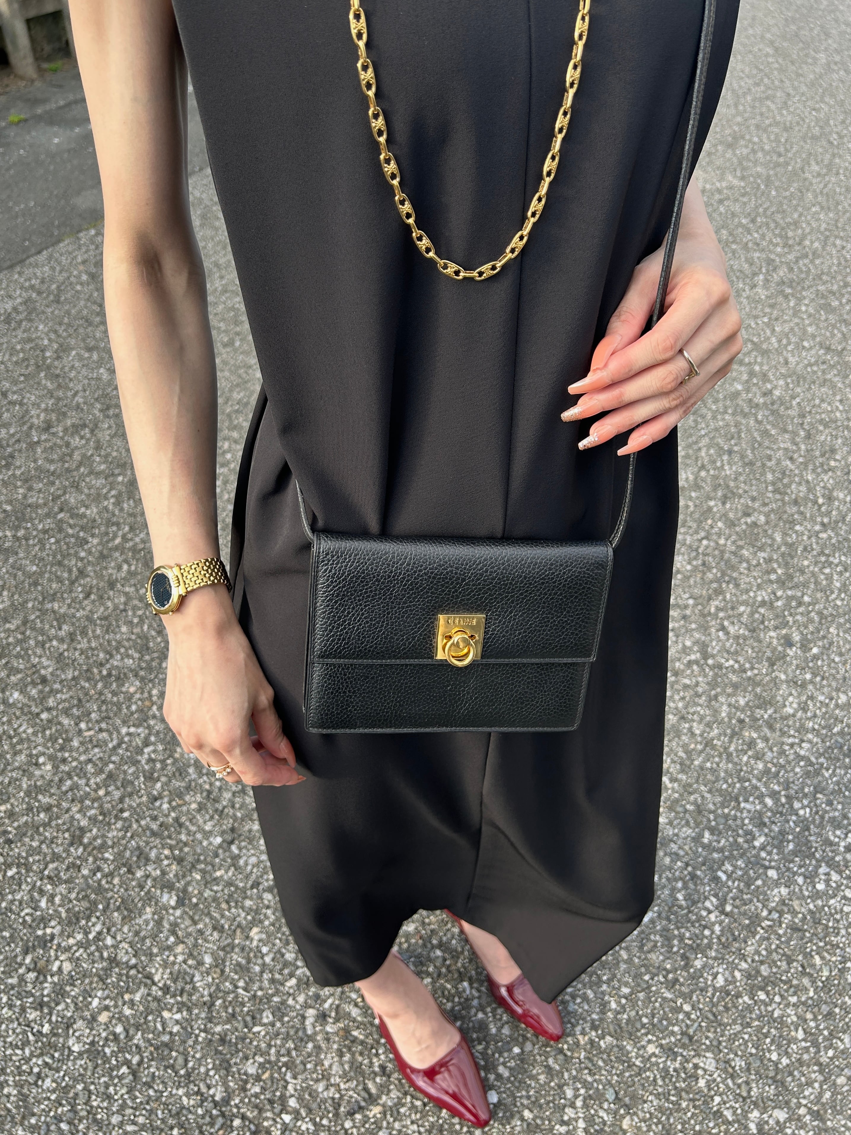 CELINE セリーヌ ショルダーバッグ ブラック ガンチーニ PVC レザー vintage ヴィンテージ オールド 5hj33y
