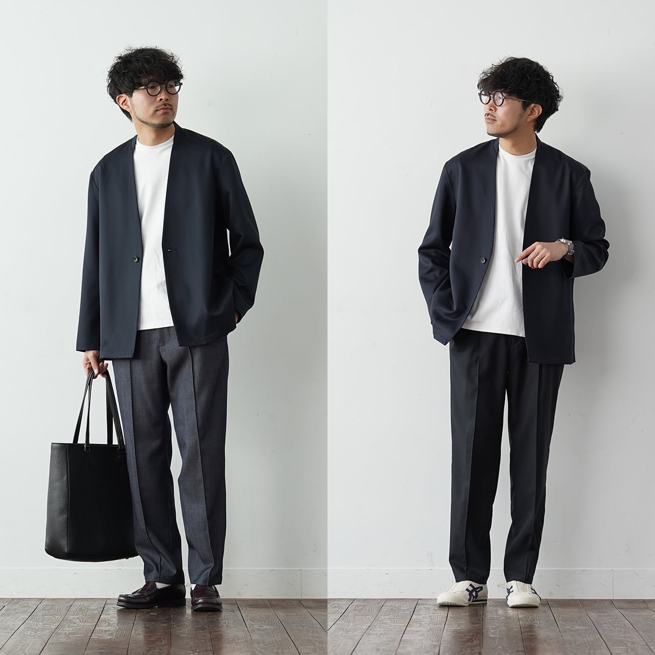 jitan ノーカラージャケット ネイビー ウール 春夏ver】何も考えずに大人の好印象コーデが完成する「尾州ウールノー