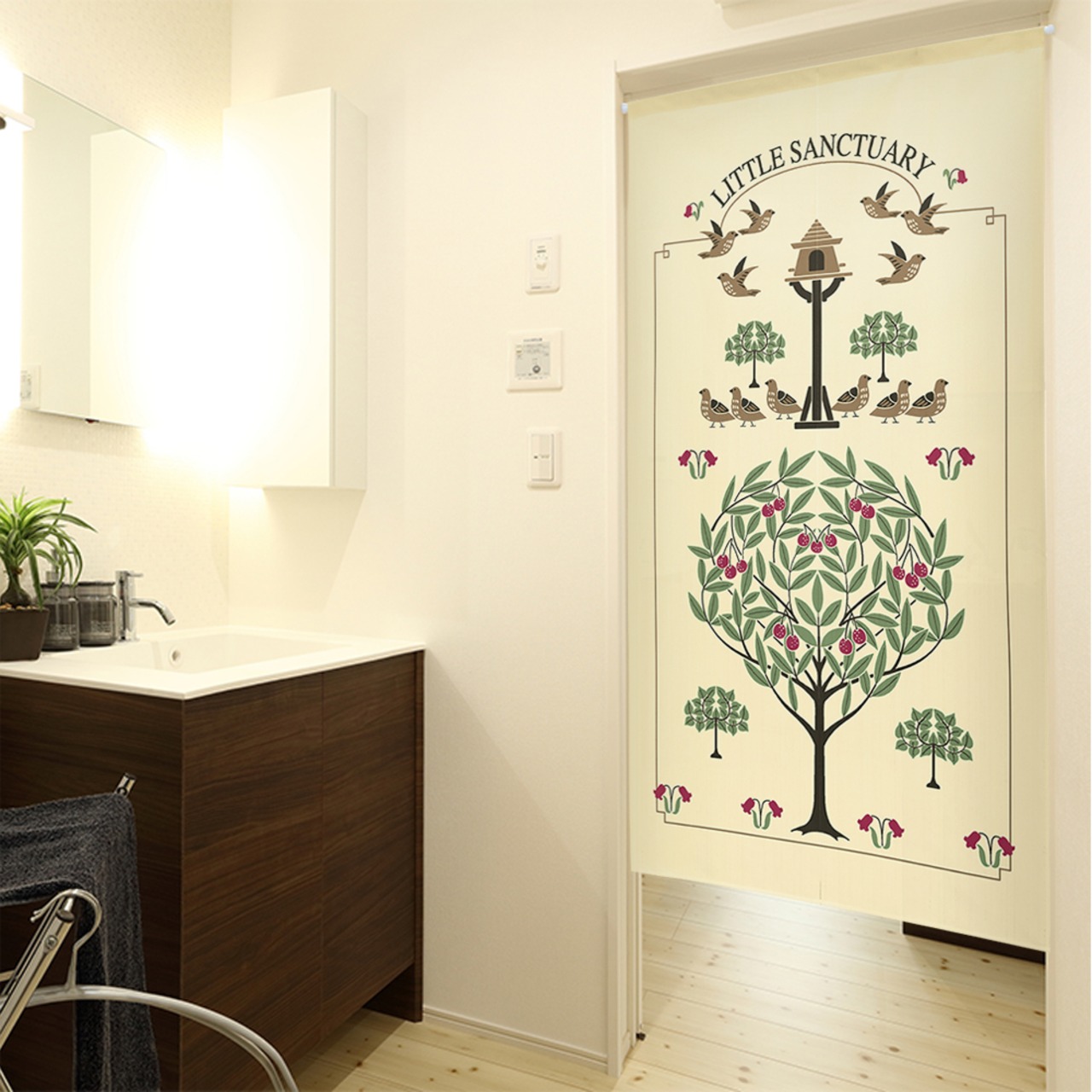 【受注生産】 のれん ナチュラル レース調ツリー&リーフ/木と鳥/LITTLE_SANCTUARY  幅85ｘ丈150cm