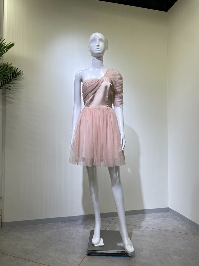 【新品DRESS 850】ワンショル チュール サイドスリーブ リボンデザイン サテン 切替 フレア ミニドレス ピンクオレンジ インポートドレス 海外ドレス【KAOS】