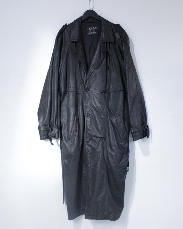【 Caka BLACK】Black Color Vintage Leather Trench Coat