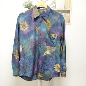 Flower Pattern Silk Shirt Navy