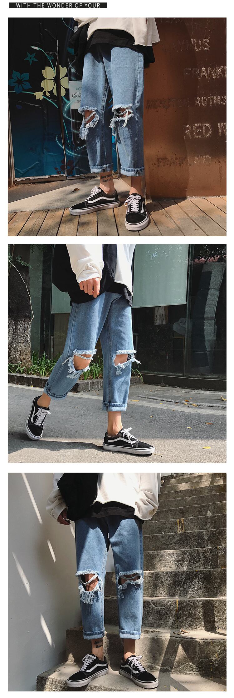 全2色 デニム パンツ ストレート カジュアル ダメージ おしゃれ