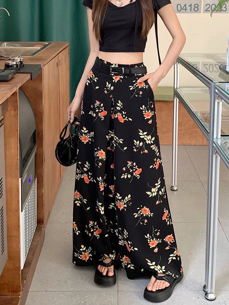 パンツ ズボン ガウチョパンツ ロング丈 ワイド ベルト ポリエステル
