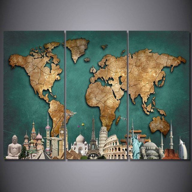 木枠付き 3枚組 壁掛け キャンバス アートパネル 世界地図 World