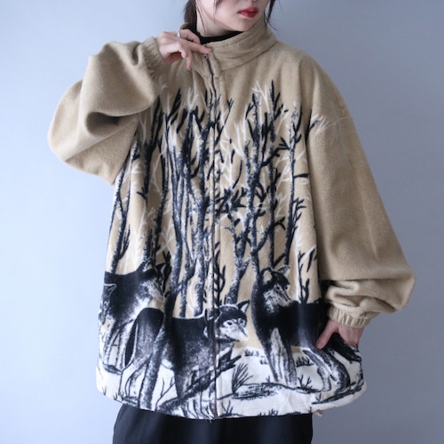 "狼" good animal and tree pattern over silhouette fleece jacket