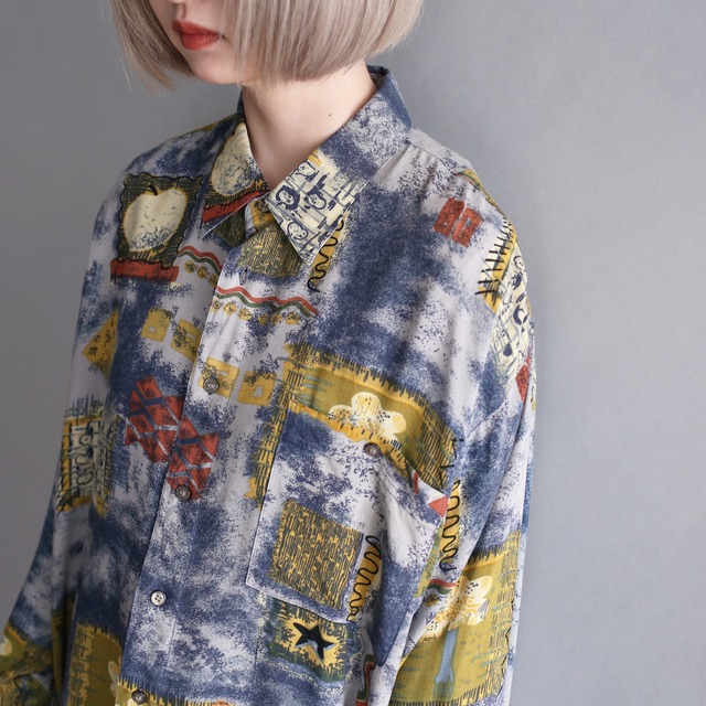 art graphic pattern loose rayon shirt