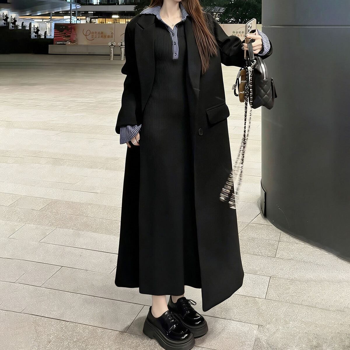 ポロ衿 ロングワンピース 長袖 レディース 春秋冬 韓国 ワンピース きれいめ 大人 かわいい カジュアル ハーフボタン 配色 ブラック 黒 リブニット ニットワンピース 大人可愛い 大人女子