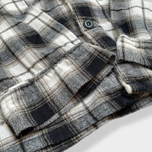 【HANES】XL コットン フランネルシャツ 開襟 ネルシャツ 長袖 チェック柄 カジュアルシャツ ブラック ホワイト ヘインズ US古着