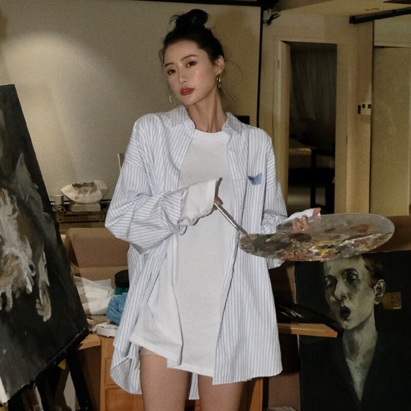 オータムスタイルストライプシャツ スタンダードジャケット トップス ロング レトロ 秋物 ハンチェンe79046473473