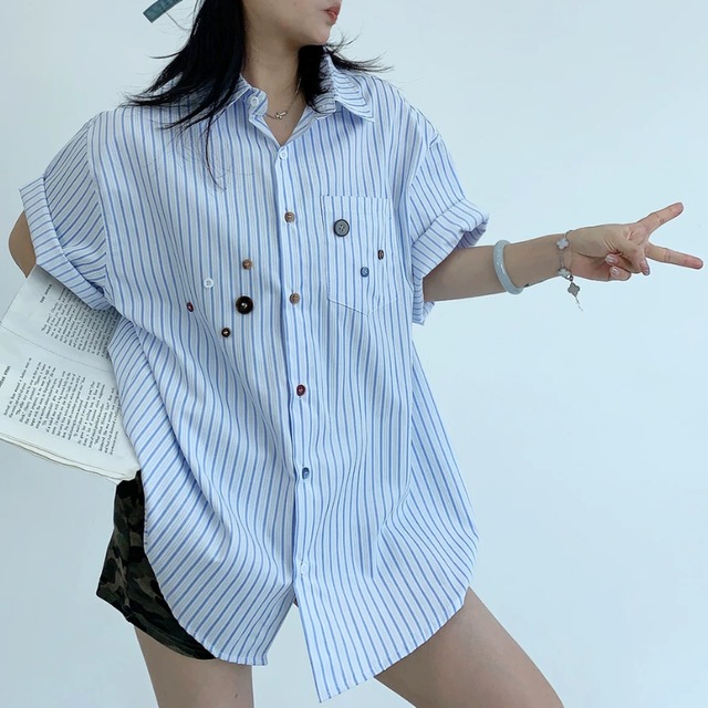 blue stripe multi-button short-sleeve shirt　ブルーストライプマルチボタン半袖シャツ　J2090