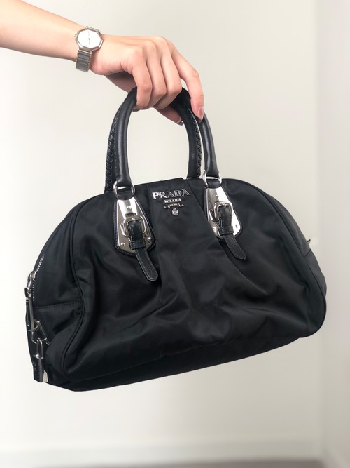 PRADA プラダ ハンドバッグ ブラック シルバー ロゴ ナイロン ボストンバッグ vintage ヴィンテージ オールド jipcs2