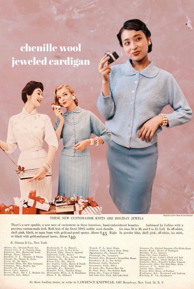 50's pale blue flower embroidery rhinestone chenille knit cardigan