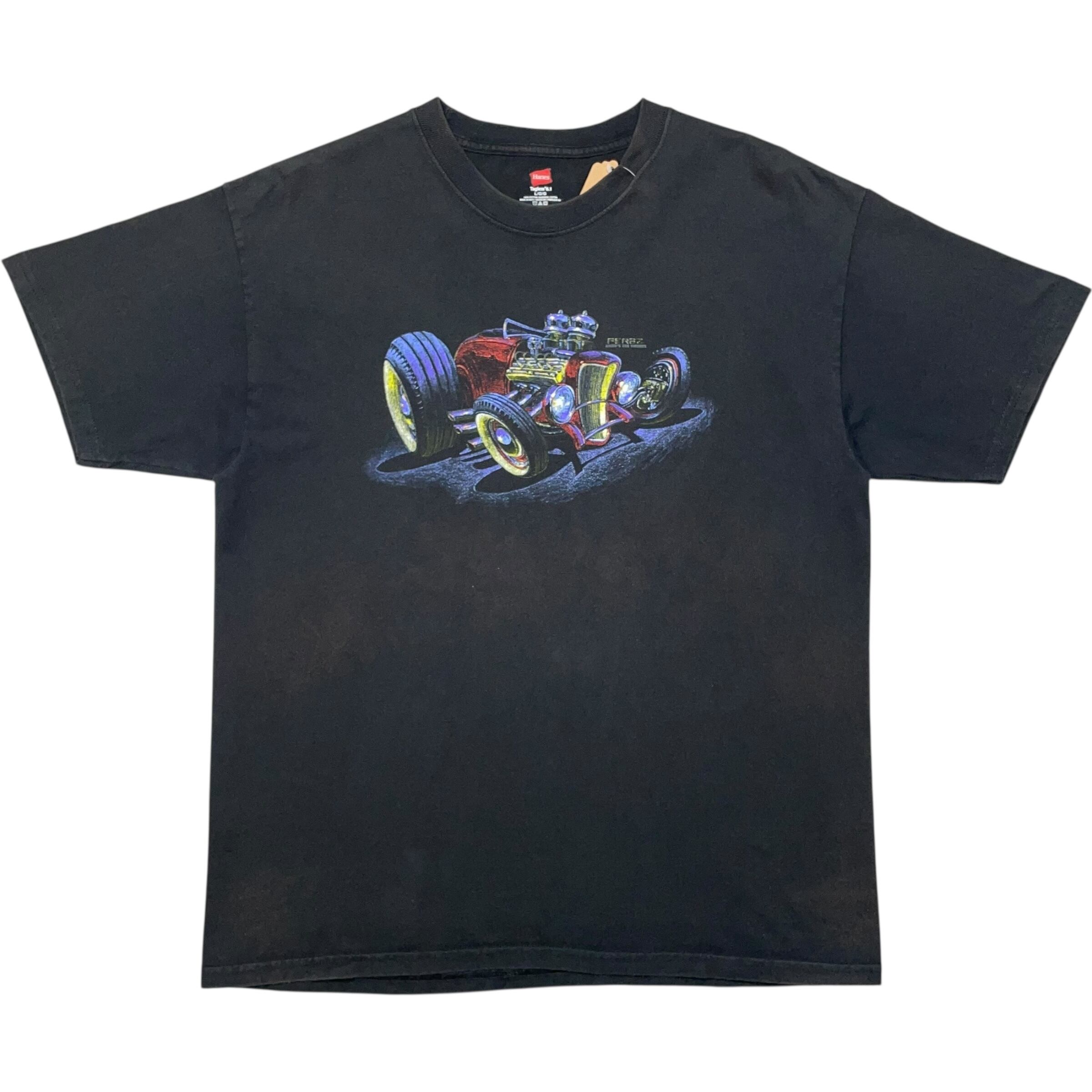 《L》 Hanes ヘインズ Tシャツ ブラック 両面プリント カーデザイン no.8762