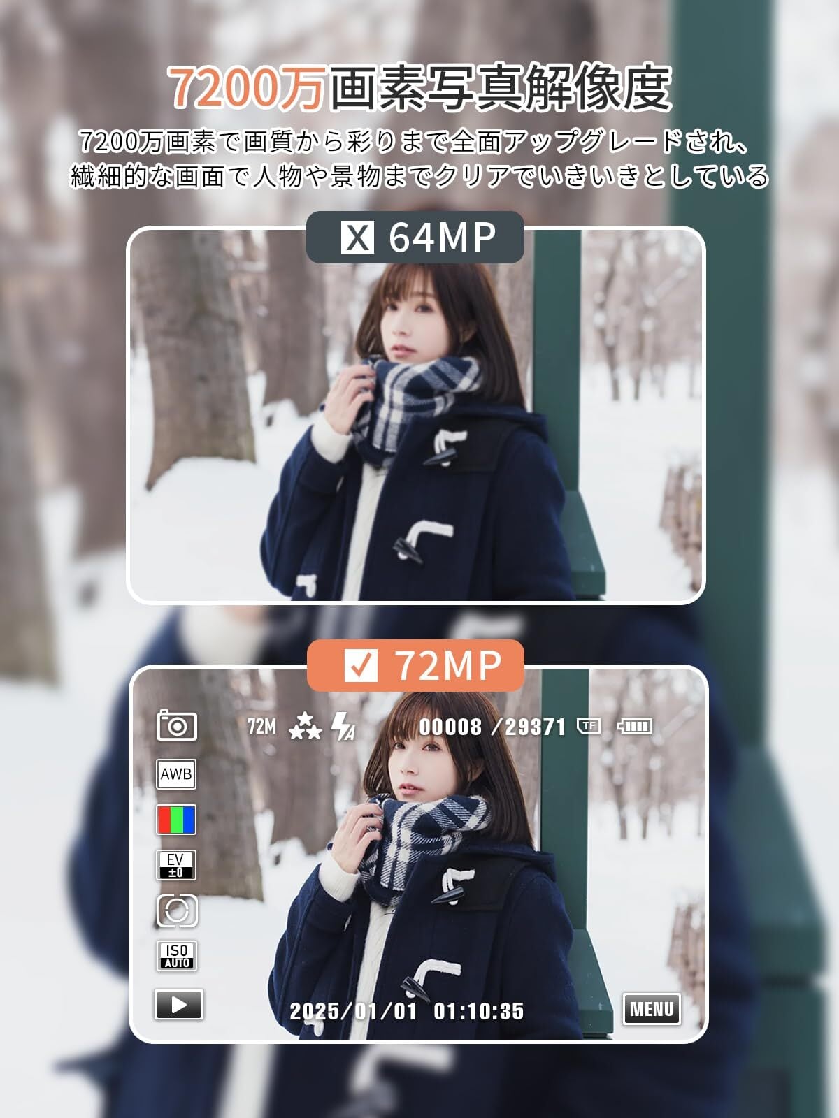 AiMike スマホに送れる デジタルカメラ 5K デジカメ WIFI転送機能 7200