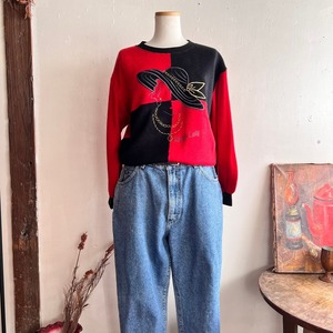 black&red retro knit /大きなつばのお帽子レディーのレトロニット