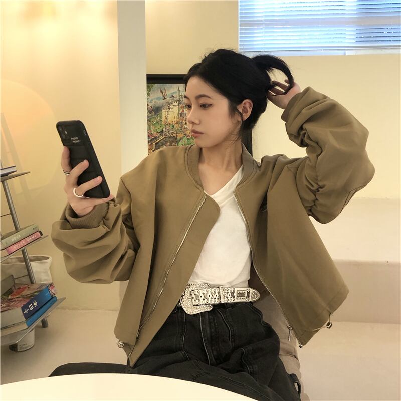 カーキショート長袖スリーブジャケット オータムジッパートップス ロング 秋物 モンロー75071998315